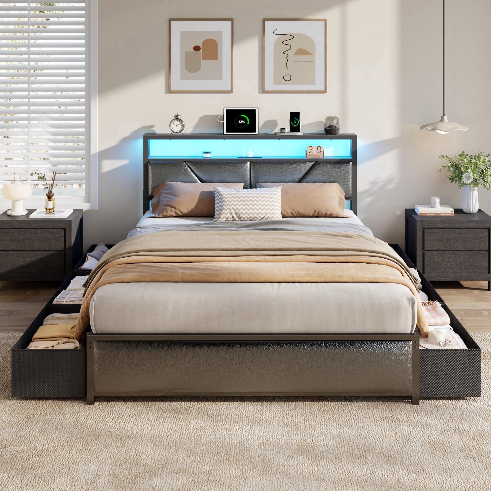 Satifur Full Bed Frame with 6 Storage Drawers, Metal Platform Bed Frame with 2-Tier Upholstered Storage Headboard & LED, Built in Charging Station, Noise-Free, No Box Spring Needed, Black