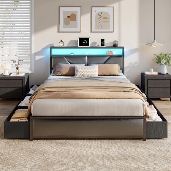 Full Size Upholstered LED Bed Frame with 6 Storage Drawers, 3-Tier ...