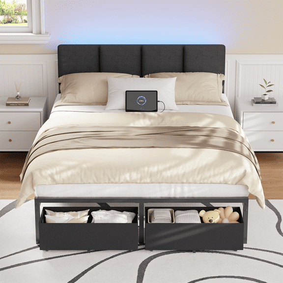 Satifur Full Platform Bed Frame with Under-Bed Storage Drawers, RGB LED Headboard & Charging Station (USB+Type-C+AC Outlets), Reinforced Metal Bed, No Box Spring Needed