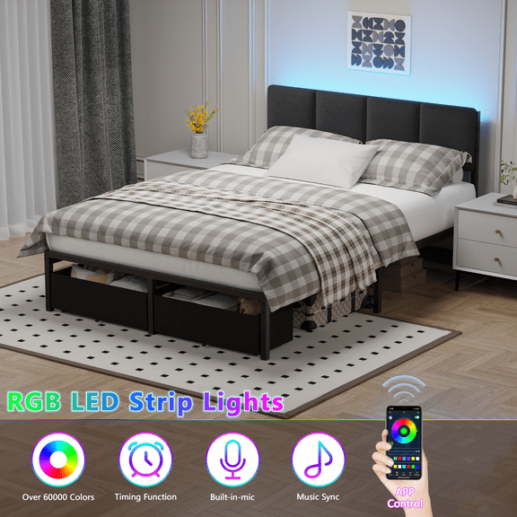 Satifur Full Platform Bed Frame with Under-Bed Storage Drawers, RGB LED Headboard & Charging Station (USB+Type-C+AC Outlets), Reinforced Metal Bed, No Box Spring Needed