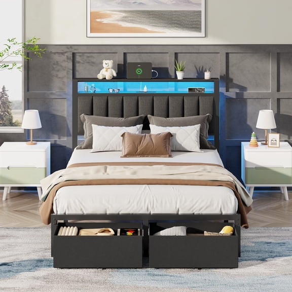 Satifur Full Bed Frame with 2 Drawers & Storage Headboard, Platform Metal Bed with 2 USB Ports and Outlets, No Box Spring Needed