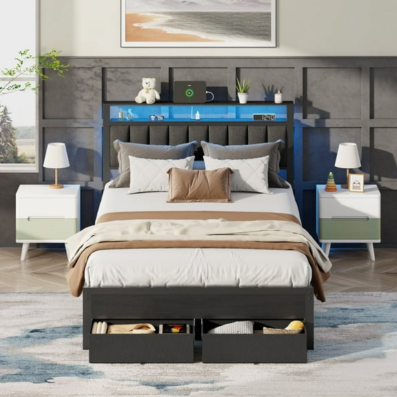 Satifur Full Bed Frame with 2 Drawers & Storage Headboard, Platform Metal Bed with 2 USB Ports and Outlets, No Box Spring Needed