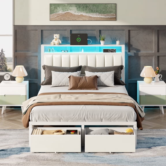 Satifur Full Bed Frame with 2 Drawers & Storage Headboard, Platform Metal Bed with 2 USB Ports and Outlets, No Box Spring Needed