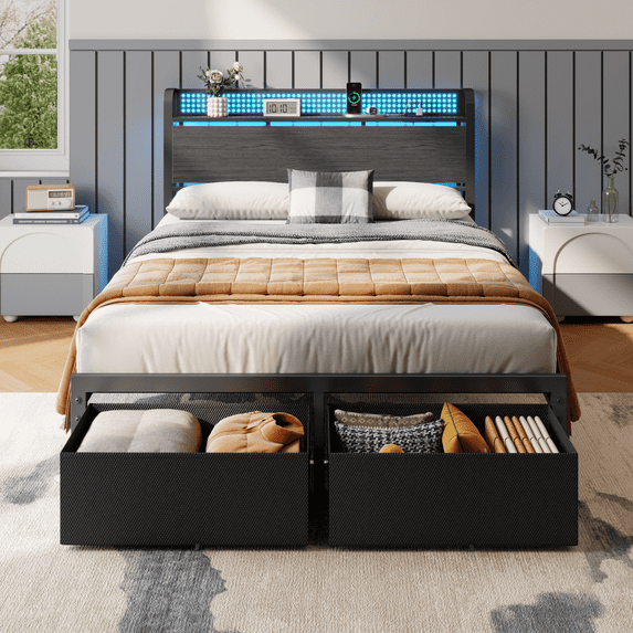 Satifur Full Bed Frame with 2 Drawers & Storage Headboard, Platform Metal Bed with Charging Station, No Box Spring Needed, Rustic Grey