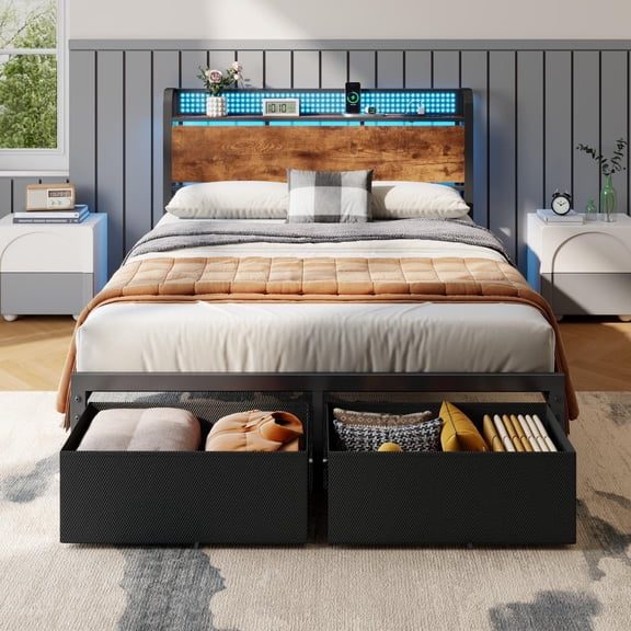 Satifur Full Bed Frame with 2 Drawers & Storage Headboard, Platform Metal Bed with Charging Station, No Box Spring Needed
