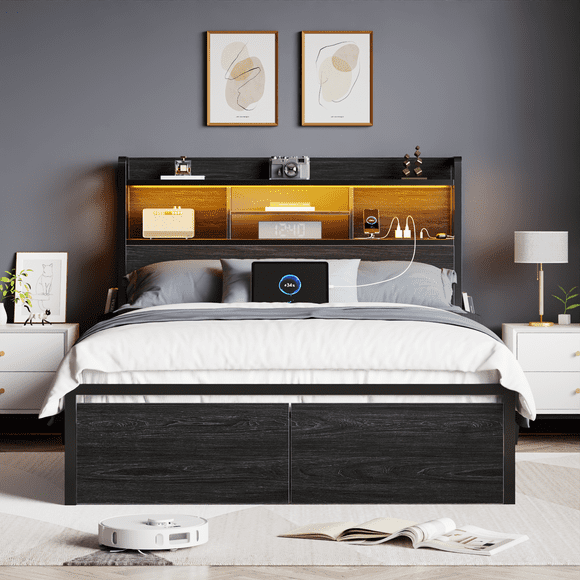 Satifur Full Bed Frame with Upholstered Headboard, Platform Bed Full with LED Lights & 2 Drawers, No Box Spring Needed