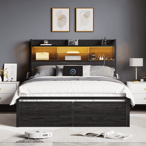 Satifur Full Size Metal Platform Bed Frame with Storage Headboard, Sturdy Full Bed for Adults, No Box Spring Needed