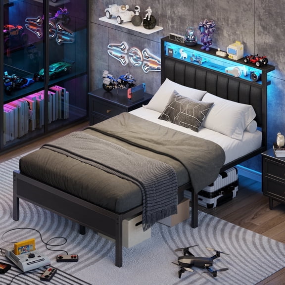 Satifur Full Bed Frame with Upholstered Headboard, Steel Slats Support, No Box Spring Needed