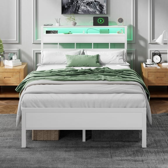Satifur Full Bed Frames with Charging Station and LED Lights, Full Size Platform Bed with Wood Headboard & 2-Tier Storage Shelves, No Box Spring Needed, White