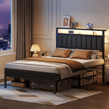 Satifur Full LED Bed Frame with Comfortable Upholstered Headboard & Bedside Storage Shelf, Black