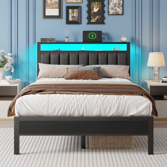 Satifur Full LED Bed Frame with Comfortable Upholstered Headboard & Bedside Storage Shelf, Black