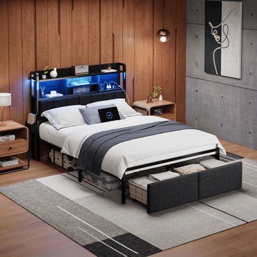 Satifur Full Size Bed Frame with 49.2" High LED Storage Headboard Shelf, Bed Metal Platform, Black