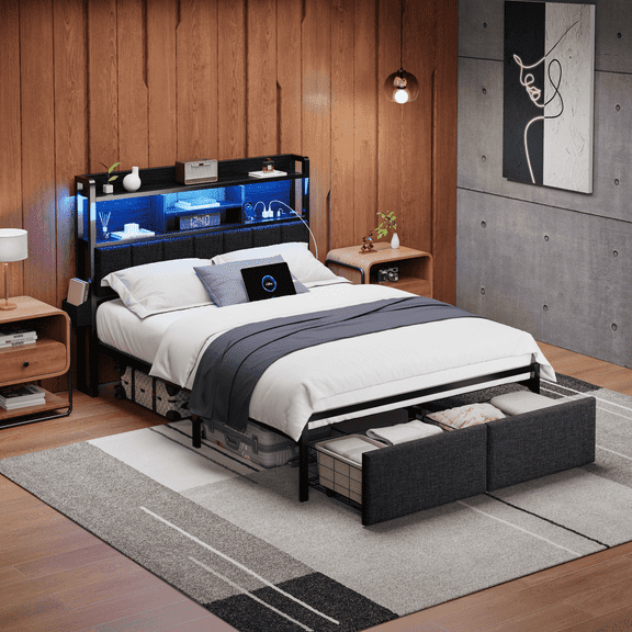Satifur Full Size Bed Frame with 49.2" High LED Storage Headboard Shelf, Bed Metal Platform, Black
