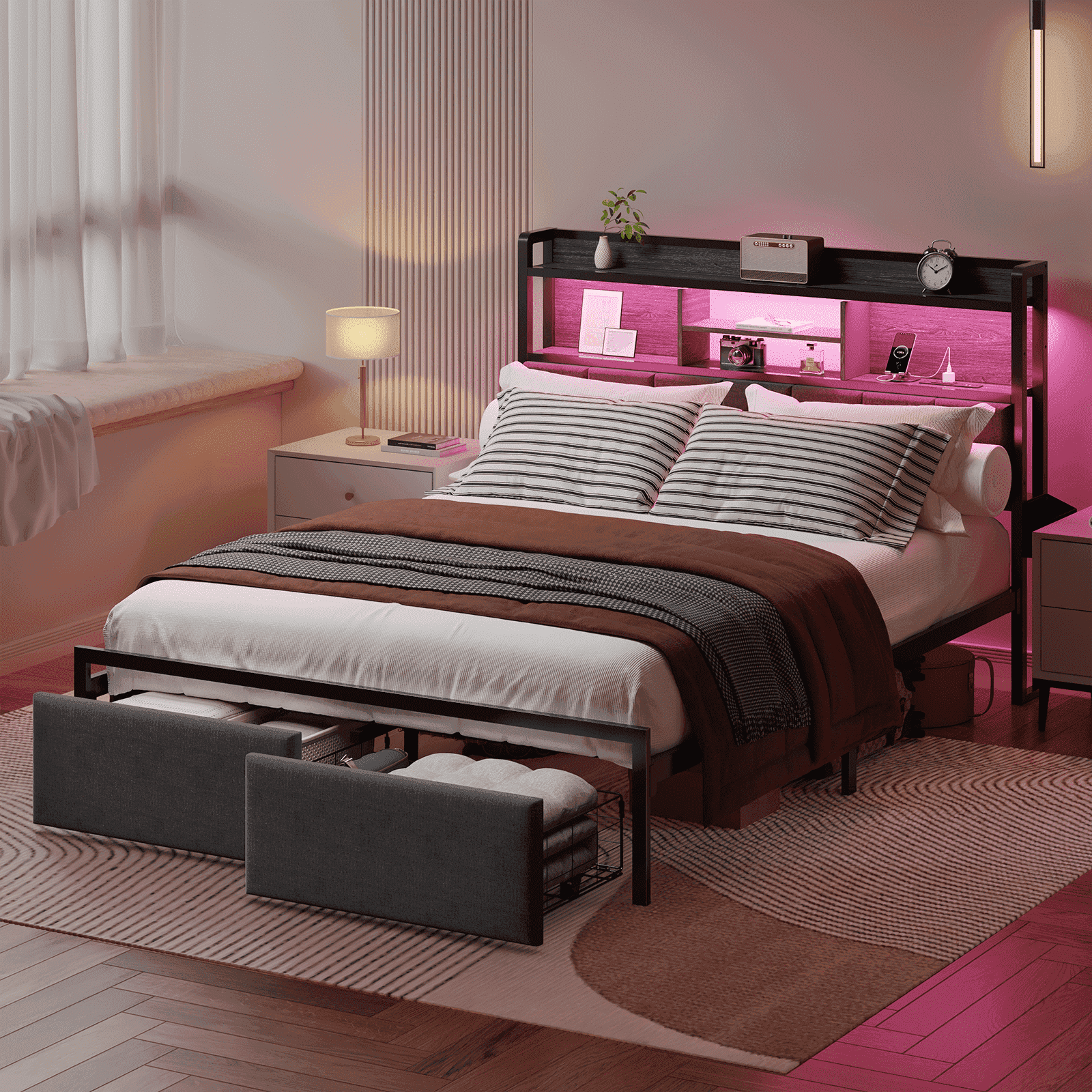 Satifur Full Bed Frame with Upholstered Storage Headboard & Drawers, Charging Station, LED Lights and Under Bed Storage
