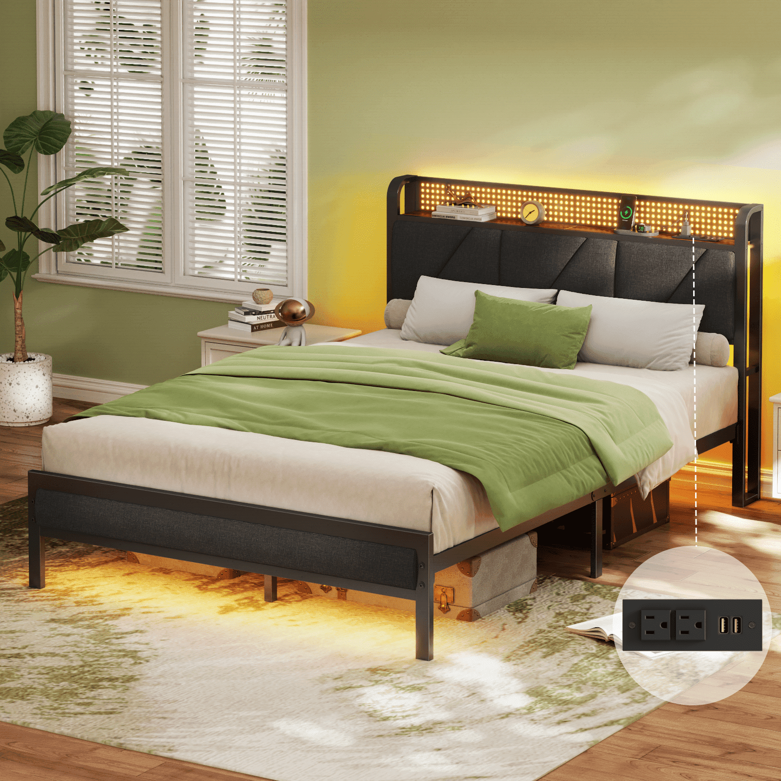 Satifur Full Size Bed Frame with Charging Station, Storage Headboard & LED Lights, Heavy Duty Metal Bed Frame, Easy Assembly