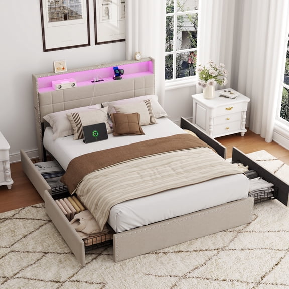 Satifur Full Size Bed Frame, Upholstered Platform Bed Frame with 4 Under-Bed Drawers, Storage Headboard, Charging Station and LED Lights Beige