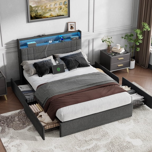 Satifur Full Size Bed Frame, Upholstered Platform Bed Frame with 4 Under-Bed Drawers, Storage Headboard, Charging Station and LED Lights Dark Grey