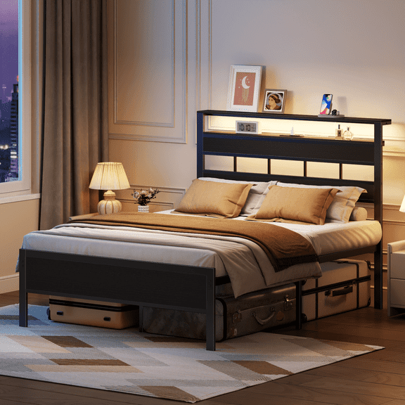Satifur Full Size Bed Frame with Storage Headboard and LED Light, Platform Bed with Metal Slats, Noise Free Design