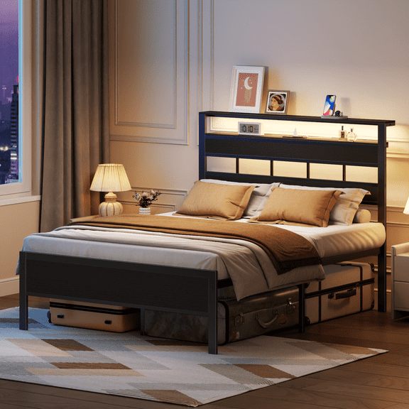 Satifur Full Size Bed Frame with Storage Headboard and LED Light, Platform Bed with Metal Slats, Noise Free Design
