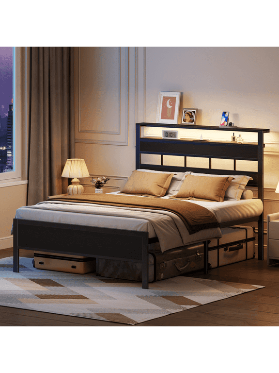 Full Size Bed Frame with Storage Headboard and LED Light, Platform Bed with Metal Slats, Noise Free Design