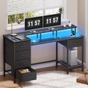 Satifur Gaming Desk with LED Lights & Power Outlets, 47" Computer Desk with 5 Fabric Drawers & Open Storage, Reversible Home Office Desk,Carbon Fiber Black