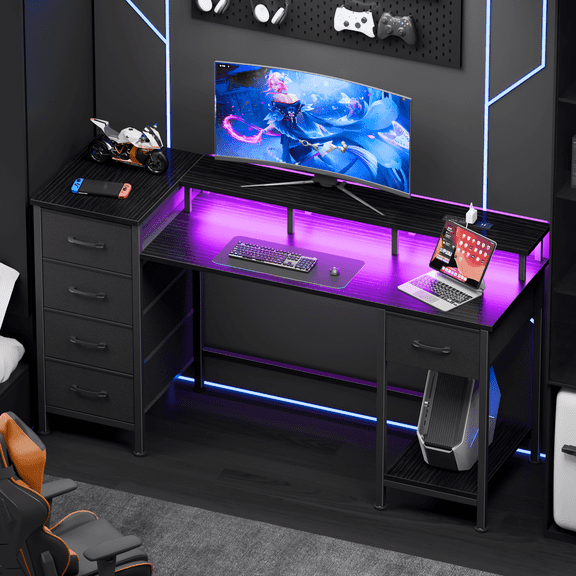 Satifur Gaming Desk with LED Lights & Power Outlets, 47" Computer Desk with 5 Fabric Drawers & Open Storage, Reversible Home Office Desk,Black