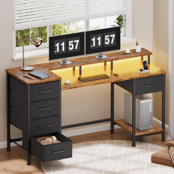 Satifur Gaming Desk with LED Lights & Power Outlets, 47" Computer Desk with 5 Fabric Drawers & Open Storage, Reversible Home Office Desk,Retro Brown