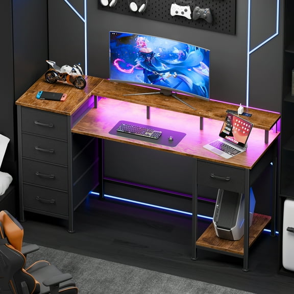 Satifur Gaming Desk with LED Lights & Power Outlets, 47" Computer Desk with 5 Fabric Drawers & Open Storage, Reversible Home Office Desk,Retro Brown