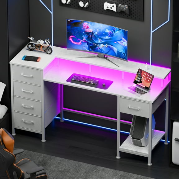 Satifur Gaming Desk with LED Lights & Power Outlets, 47" Computer Desk with 5 Fabric Drawers & Open Storage, Reversible Home Office Desk,White