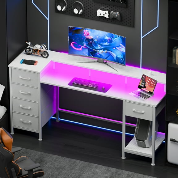 Satifur Gaming Desk with LED Lights & Power Outlets, 55" Computer Desk with 5 Fabric Drawers & Open Storage, Reversible Home Office Desk,White