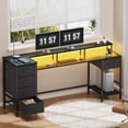 thumbnail image 1 of Satifur 61" Computer Desk with LED Lights & Power Outlets, Gaming Desk with 5 Fabric Drawers & Open Shelves, Reversible Home Office Desk,Black, 1 of 9