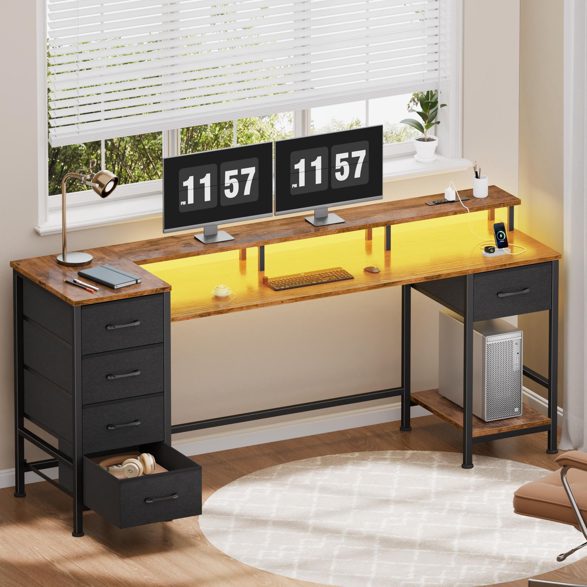 Utun 66 Computer Satifur Gaming Desk with LED Lights & Power Outlets, 66