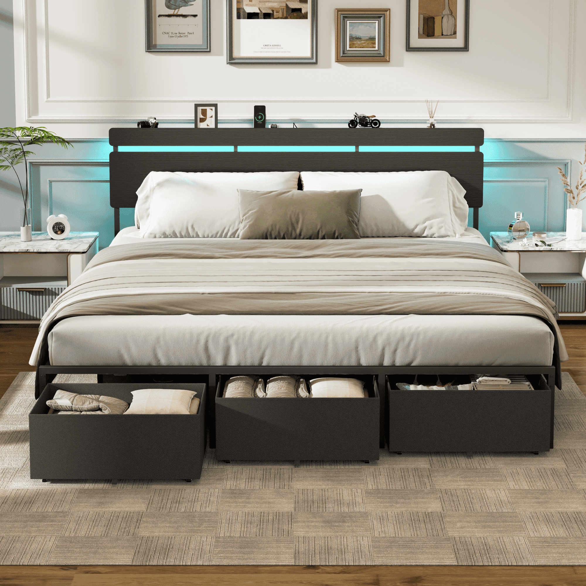 Satifur King Size Bed Frame with 3 Drawers & LED Lights & Charging ...