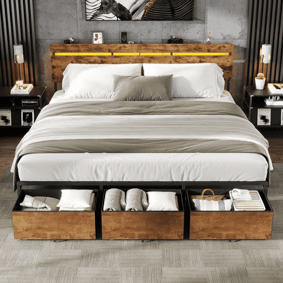 Satifur King Size Bed Frame with 3 Drawers & LED Lights & Charging Station, Beds with Headboard & 10.10" Under Bed Storage, No Box Spring Needed, Easy Assembly, Rustic Brown