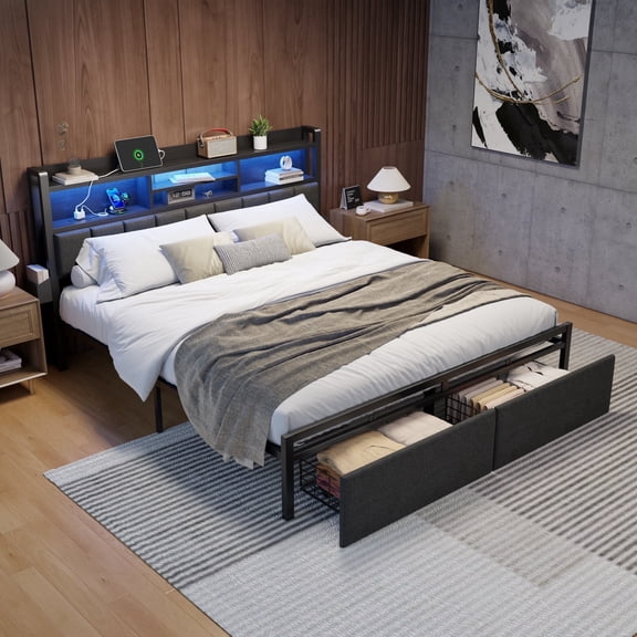Satifur King LED Bed Frame with Upholstered Storage Headboard & Drawers, USB Ports, RGB Lights and Under Bed Storage