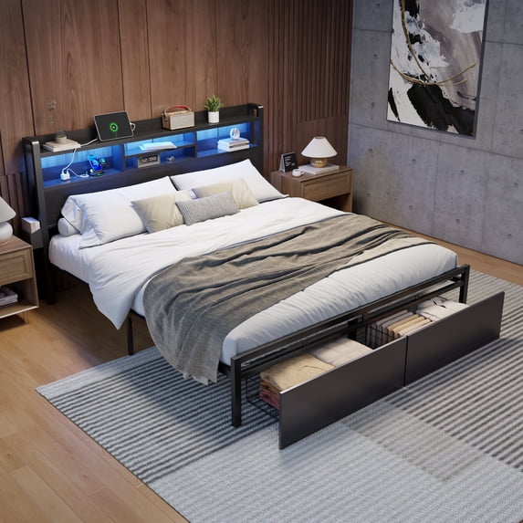 Satifur King LED Platform Bed Frame with Storage Headboard, USB Ports, RGB Lights and 2 Easy-Slide Under Bed Storage Drawers