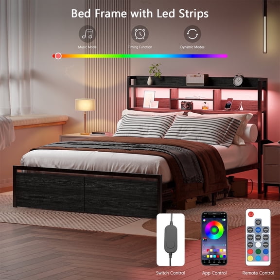Satifur King Size LED Platform Bed Frame with Storage Drawers, Headboard Shelves, USB Ports, RGB Lights, Sturdy Metal Support
