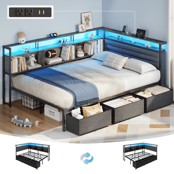 Satifur L-Shaped Corner Bed Frame with 3 Storage Drawers, 3 Cubbies & Double-Layer Shelf, LED Lights & Power Outlet, Corner Full Beds for Living Room, Bedroom and Guest, Grey Oak