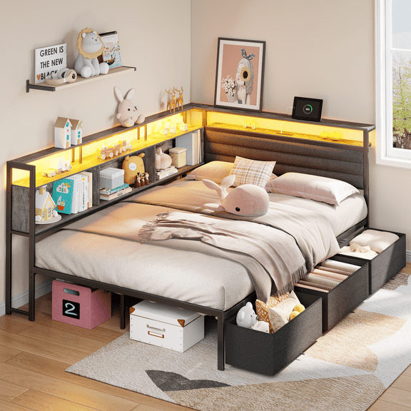 Satifur L-Shaped Corner Bed Frame with 3 Storage Drawers, 3 Cubbies & Double-Layer Shelf, LED Lights, Power Outlet Corner Full Beds for Living Room, Grey Oak