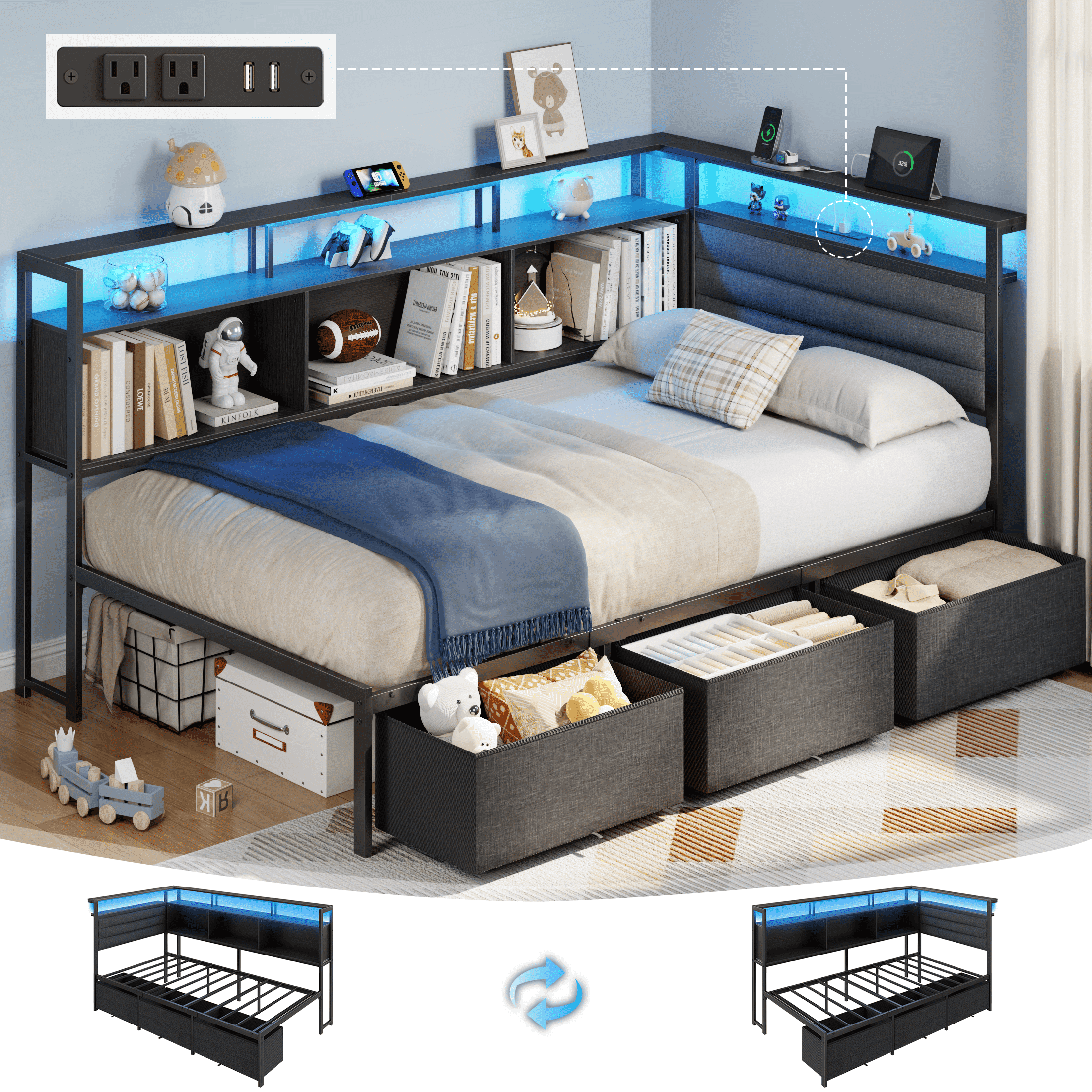 Satifur LShaped Corner Bed Frame with 3 Storage Drawers, 3 Cubbies — free download