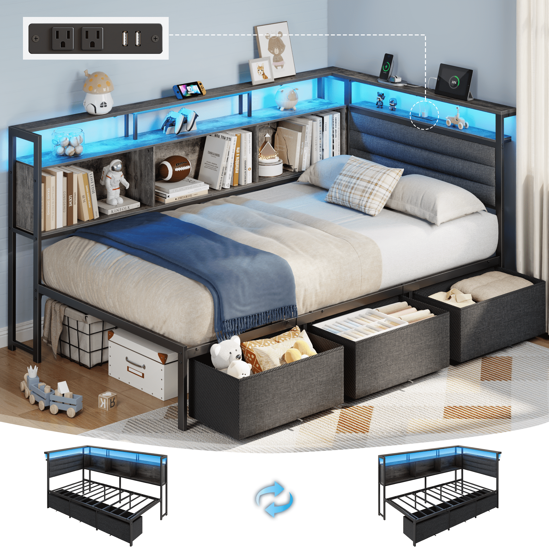 Tydimor Twin Corner Bed Frame with 3 Storage Drawers & Bookcase, Twin Size Daybed with Charging Station and Led Lights, Metal Platform Bed Frame for Living Room Bedroom, Dark Gray