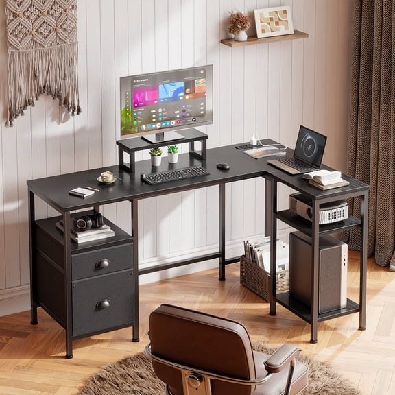 Satifur L Shaped Desk with Power Outlets, 50" Computer Desk with File Drawer, Home Office Desk with Printer Stand & Storage Shelves, Corner Desk, Black