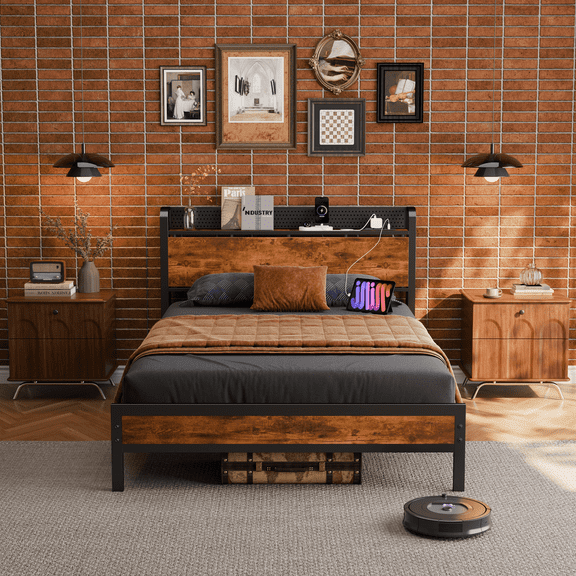 Satifur LED Bed Frame Full Size with Charging Station, Platform Metal Bed Frame with Storage Headboard, No Box Spring Needed, Noise-Free