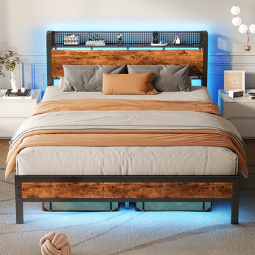 Satifur LED Bed Frame Queen Size with 2 USB Ports and Outlets, Platform Metal Bed Frame, No Box Spring Needed, Noise-Free