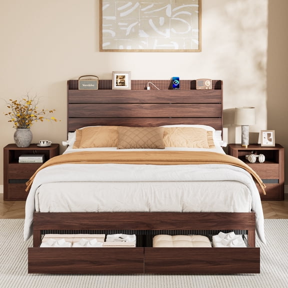 Satifur Queen Size Bed Frame with Storage Headboard & Charging Station, Wooden Platform Bed with 2 Large Storage Drawers, Heavy Duty Slats Support, No Box Spring Needed, American Walnut