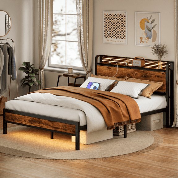 Satifur LED Bed Frame Queen Size with Charging Station, Platform Metal Bed Frame with Storage Headboard, No Box Spring Needed, Noise-Free