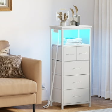 Satifur LED Dresser for Bedroom with Charging Station, 5 Fabric Drawers Tall Nightstand Open Shelf, White