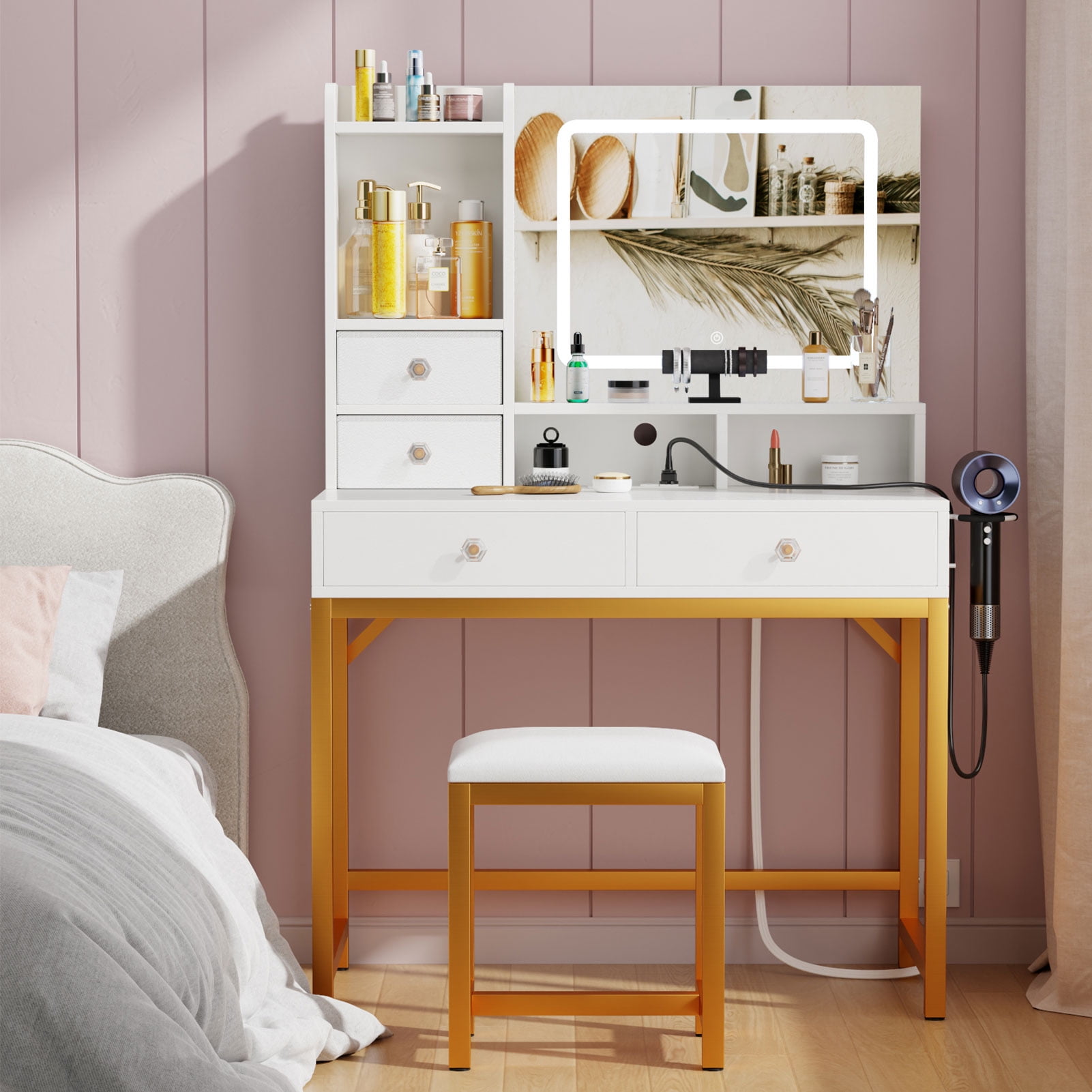 Satifur Lighted Makeup Vanity Set, Women Dressing Table with Outlets ...