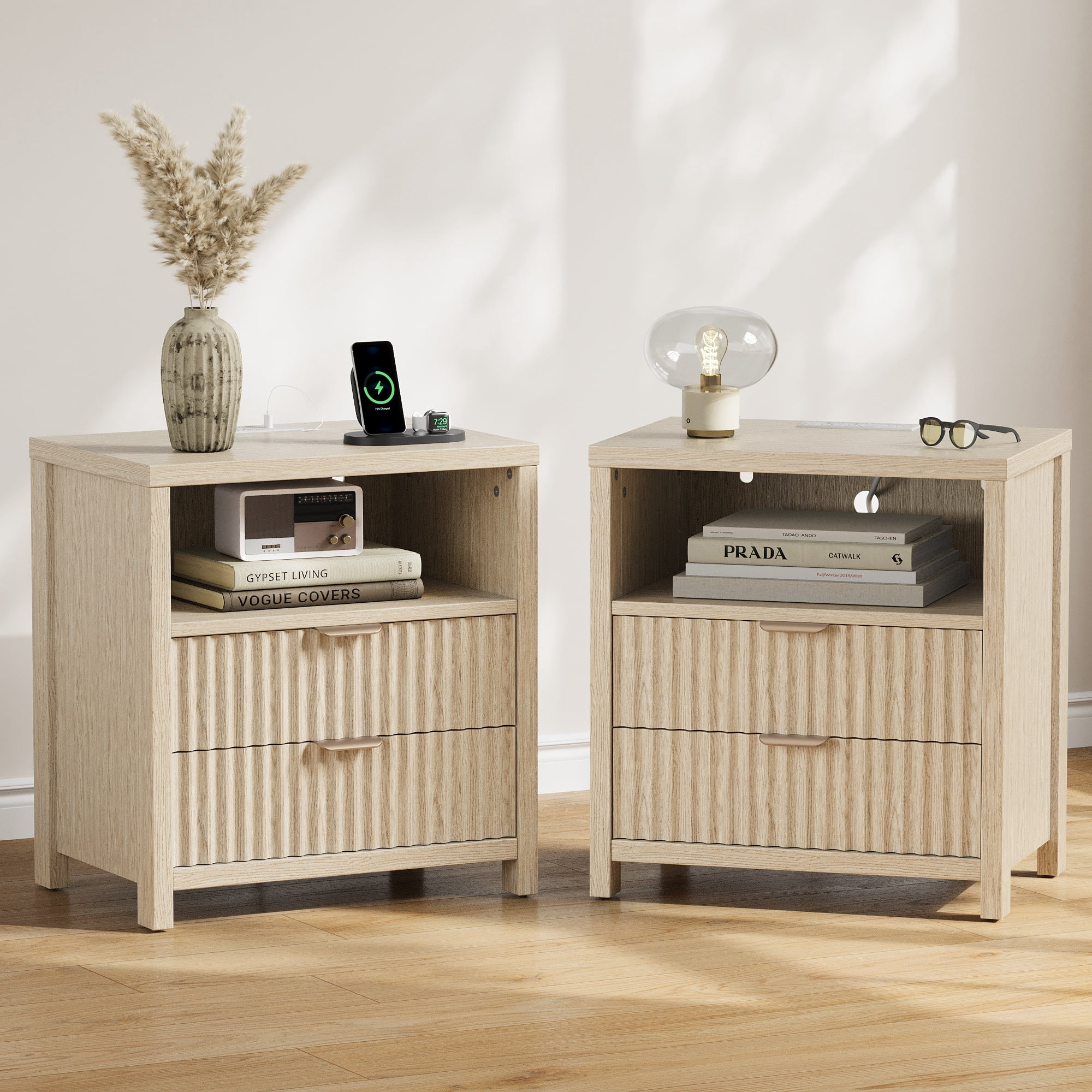 Satifur Modern Fluted Nightstand Set of 2 with Charging Station & 2 Storage Drawer for Bedroom,Light Oak Grain