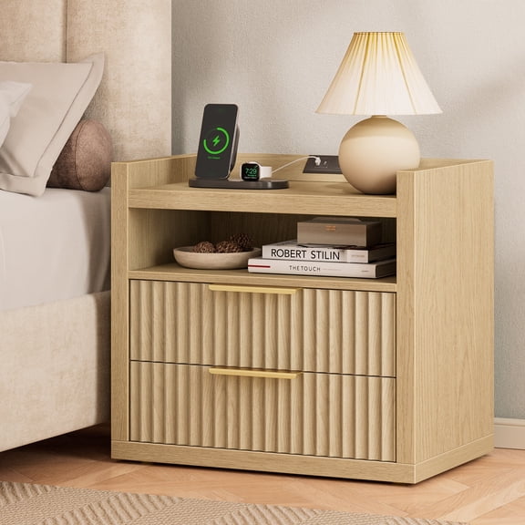 Satifur Modern Fluted Nightstand Set of 2 with Charging Station & 2 Storage Drawer for Bedroom